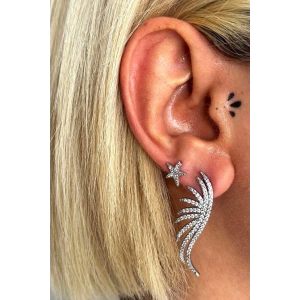 Gümüş Renk Kanat Ve Yıldız Figürlü Taş Detaylı Küpe (Çift)