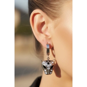 Gümüş Renk Kaplan Figürlü Taş Detaylı Çelik Küpe (Çift)