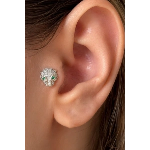 Gümüş Renk Kaplan Figürlü Taşlı Cerrahi Çelik Tragus/Kıkırdak Küpe/Piercing (Tek)