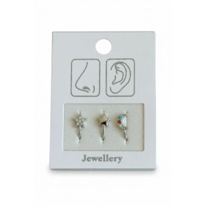 Gümüş Renk Karışık Figürlü Deliksiz Kulak/Burun 3lü Piercing Set