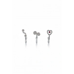 Gümüş Renk Karışık Figürlü Deliksiz Kulak/Burun 3lü Piercing Set