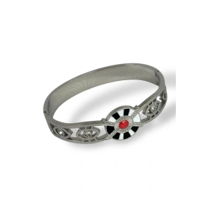 Gümüş Renk Karışık Figürlü Taş Detaylı Çelik Kelepçe Bileklik