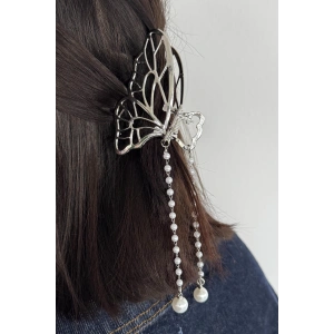 Gümüş Renk Kelebek Figürlü İnci Detaylı Metal Mandal Toka