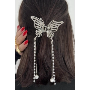 Gümüş Renk Kelebek Figürlü İnci Detaylı Sallantılı Metal Mandal Toka