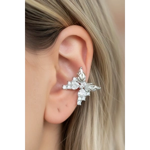 Gümüş Renk Kelebek Figürlü Taş Detaylı 14K Altın Kaplama TX Ear Cuff (Tek)