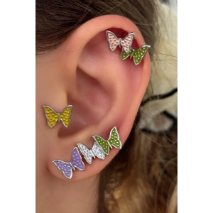 Gümüş Renk Kelebek Figürlü Taş Detaylı 6lı Küpe Set