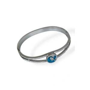 Gümüş Renk Kelebek Figürlü Taş Detaylı Çelik Kelepçe Bileklik