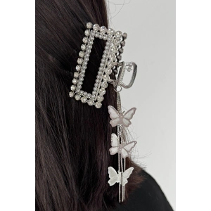 Gümüş Renk Kelebek Figürlü Taş Detaylı Sallantılı Mandal Toka