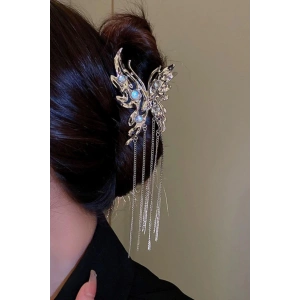 Gümüş Renk Kelebek Figürlü Taş Detaylı Sallantılı Metal Mandal Toka