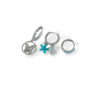 Gümüş Renk Kelebek Figürlü Taş Detaylı VİP 3lü YSX Küpe Set