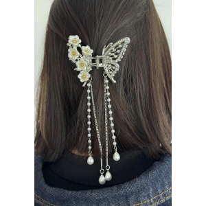 Gümüş Renk Kelebek Ve Papatya Figürlü İnci Detaylı Metal Mandal Toka