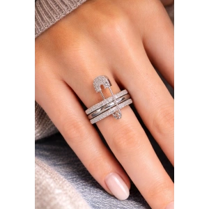 Gümüş Renk Kilitli İğne Detaylı Taşlı Yüzük