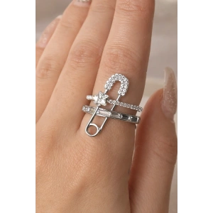 Gümüş Renk Kilitli İğne Figürlü Ayarlanabilir Yüzük