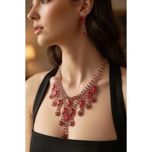 Gümüş Renk Kırmızı Taş Detaylı Abiye Set