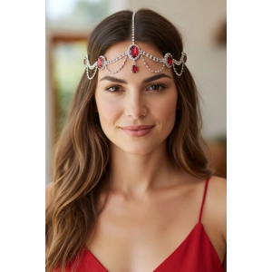 Gümüş Renk Kırmızı Taş Detaylı Alınlık/Kına Aksesuarı