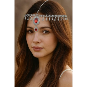 Gümüş Renk Kırmızı Taş Detaylı Alınlık/Kına Aksesuarı