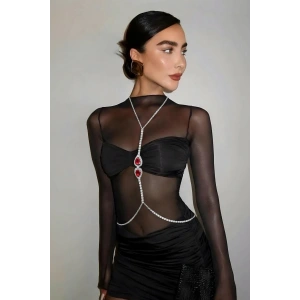 Gümüş Renk Kırmızı Taş Detaylı Tasarım Vücut Aksesuar