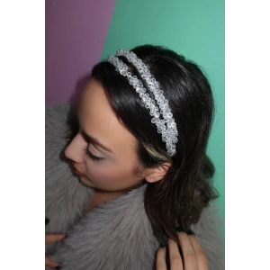 Gümüş Renk Kristal Boncuk Detaylı Gelin/Nişan Taç