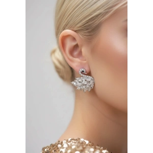 Gümüş Renk Kuğu Figürlü 14K Altın Kaplama Taş Detaylı Küpe (Çift)