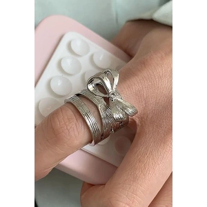 Gümüş Renk Kurdele Figürlü Ayarlanabilir Çelik Yüzük