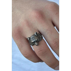 Gümüş Renk Kurt Figürlü Ayarlanabilir Çelik Erkek Yüzük