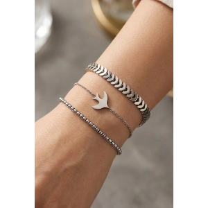 Gümüş Renk Kuş Figürlü 3lü Çelik Bileklik