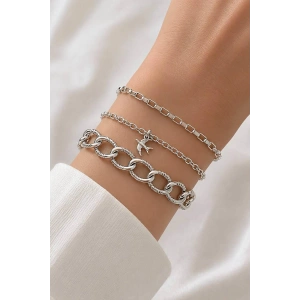 Gümüş Renk Kuş  Figürlü Zincir Detaylı 3lü Bileklik Set