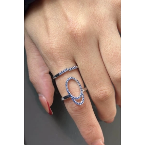Gümüş Renk Lacivert Taş Detaylı Ayarlanabilir Çelik Yüzük