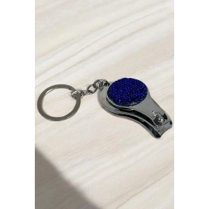 Gümüş Renk Lacivert Taş Detaylı Tırnak Makaslı Anahtarlık