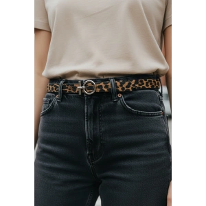 Gümüş Renk Leopar Desenli Kadın Deri Kemer