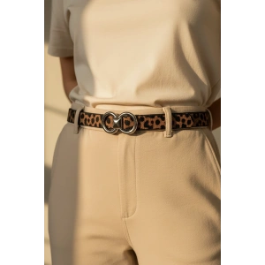 Gümüş Renk Leopar Desenli Kadın Deri Kemer