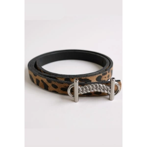 Gümüş Renk Leopar Desenli Kadın Deri Kemer