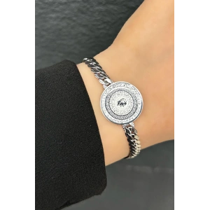 Gümüş Renk Madalyon Detaylı Çelik Bileklik