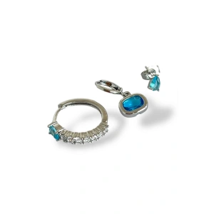 Gümüş Renk Mavi Taş Detaylı 3lü YSX Küpe Set