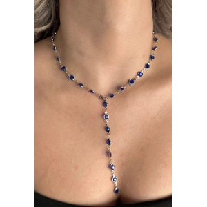 Gümüş Renk Mavi Taş Detaylı Çelik Y Kolye