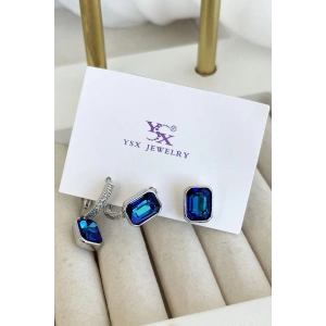 Gümüş Renk Mavi Taş Detaylı VİP 3lü YSX Küpe Set