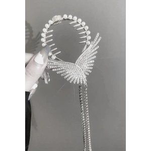 Gümüş Renk Melek Kanadı Figürlü İnci Ve Taş Detaylı Topuz Toka