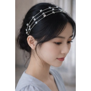 Gümüş Renk Metal Yıldız Figürlü Taş Detaylı Taç