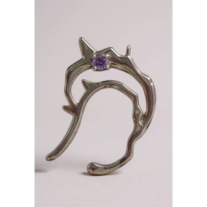 Gümüş Renk Mor Taş Detaylı 14K Altın Kaplama TX Ear Cuff (Tek)