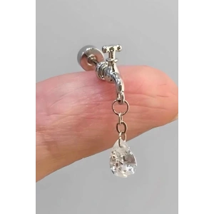 Gümüş Renk Musluk Figürlü Taşlı Cerrahi Çelik Tragus/Kıkırdak Küpe/Piercing (Tek)