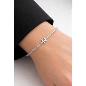 Gümüş Renk N Harfli Taş Detaylı Çelik Bileklik