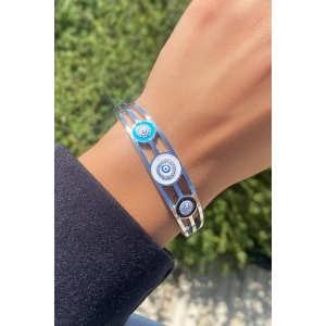 Gümüş Renk Nazar Boncuğu Figürlü Çelik Kelepçe Bileklik