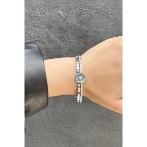 Gümüş Renk Nazar Boncuğu Figürlü Çelik Kelepçe Bileklik