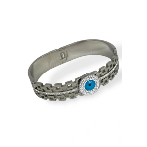 Gümüş Renk Nazar Boncuğu Figürlü  Taş Detaylı Çelik Kelepçe Bileklik