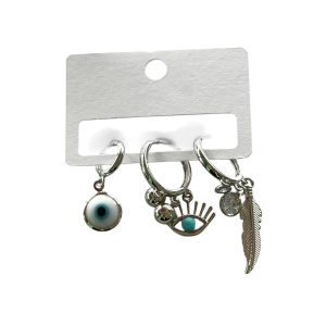 Gümüş Renk Nazar Boncuk Figürlü Taş Detaylı 3lü Küpe Set