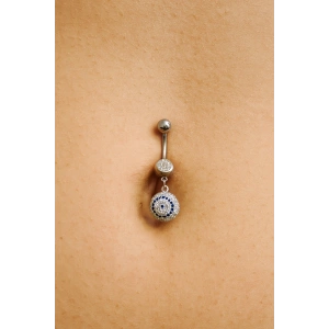 Gümüş Renk Nazar Boncuk Figürlü Taş Detaylı Cerrahi Çelik Göbek Piercing
