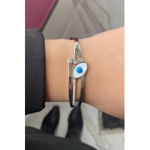 Gümüş Renk Nazar Boncuk Figürlü Taşlı Çelik Bileklik