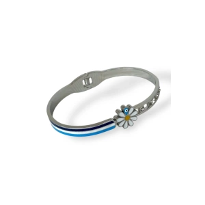 Gümüş Renk Papatya Figürlü Taş Detaylı Çelik Kelepçe Bileklik