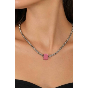 Gümüş Renk Pembe Boncuk Detaylı Kolye