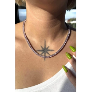 Gümüş Renk Pembe Taş Detaylı 14K Altın Kaplama VİP Kolye